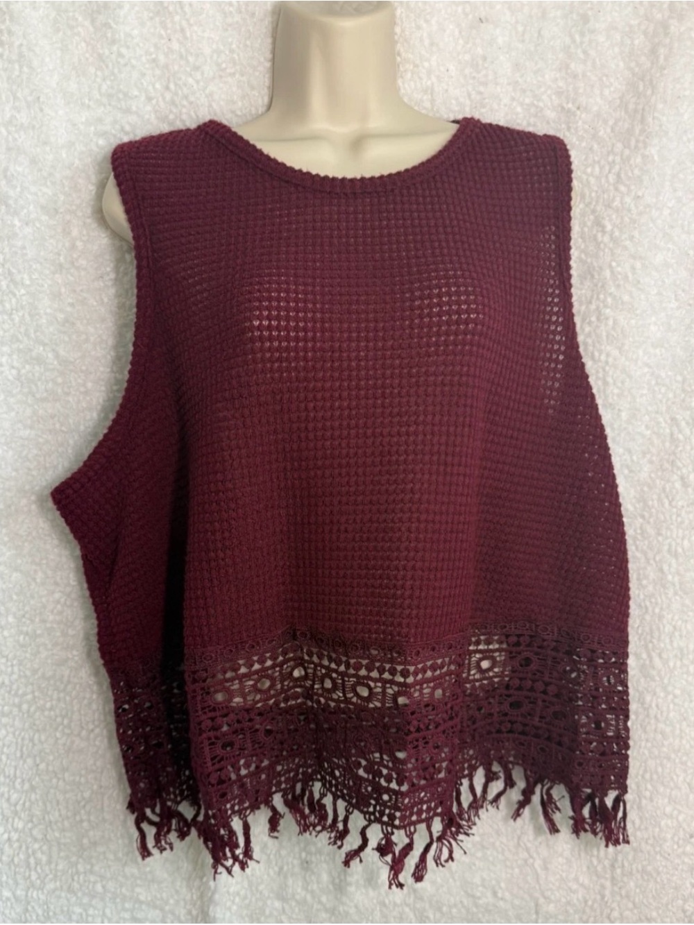 Crochet Crop Tank Womens 3XL (runs small) Plum Fringe Hem Boho Hippie EUC
